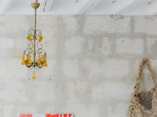 Load image into Gallery viewer, Vintage Chandelier Amber Glass Drops Prisms Beads 1930 Italian Ceiling 4 Lights