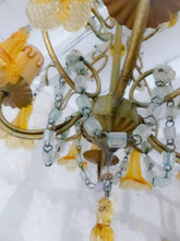 Load image into Gallery viewer, Vintage Chandelier Amber Glass Drops Prisms Beads 1930 Italian Ceiling 4 Lights