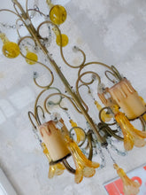 Load image into Gallery viewer, Vintage Chandelier Amber Glass Drops Prisms Beads 1930 Italian Ceiling 4 Lights