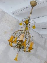 Load image into Gallery viewer, Vintage Chandelier Amber Glass Drops Prisms Beads 1930 Italian Ceiling 4 Lights