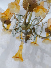 Load image into Gallery viewer, Vintage Chandelier Amber Glass Drops Prisms Beads 1930 Italian Ceiling 4 Lights