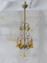 Load image into Gallery viewer, Vintage Chandelier Amber Glass Drops Prisms Beads 1930 Italian Ceiling 4 Lights