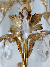 Load image into Gallery viewer, Charming Vintage Italian Chandelier 1980 Gilded Toleware Clear prisms Foliage