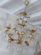 Load image into Gallery viewer, Charming Vintage Italian Chandelier 1980 Gilded Toleware Clear prisms Foliage