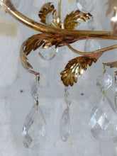 Load image into Gallery viewer, Charming Vintage Italian Chandelier 1980 Gilded Toleware Clear prisms Foliage