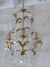 Load image into Gallery viewer, Charming Vintage Italian Chandelier 1980 Gilded Toleware Clear prisms Foliage