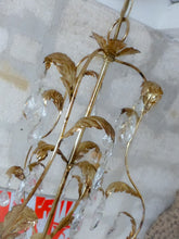 Load image into Gallery viewer, Charming Vintage Italian Chandelier 1980 Gilded Toleware Clear prisms Foliage