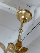 Load image into Gallery viewer, Charming Vintage Italian Chandelier 1980 Gilded Toleware Clear prisms Foliage