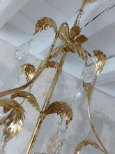 Load image into Gallery viewer, Charming Vintage Italian Chandelier 1980 Gilded Toleware Clear prisms Foliage