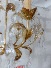 Load image into Gallery viewer, Charming Vintage Italian Chandelier 1980 Gilded Toleware Clear prisms Foliage
