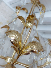 Load image into Gallery viewer, Charming Vintage Italian Chandelier 1980 Gilded Toleware Clear prisms Foliage