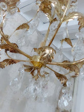 Load image into Gallery viewer, Charming Vintage Italian Chandelier 1980 Gilded Toleware Clear prisms Foliage