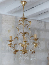 Load image into Gallery viewer, Charming Vintage Italian Chandelier 1980 Gilded Toleware Clear prisms Foliage