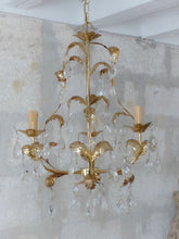 Load image into Gallery viewer, Charming Vintage Italian Chandelier 1980 Gilded Toleware Clear prisms Foliage