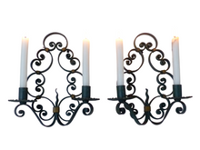 Load image into Gallery viewer, Gorgeous Pair Decorative Wrought Iron Wall Sconces Candlestick French Circa 1950