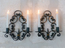 Load image into Gallery viewer, Gorgeous Pair Decorative Wrought Iron Wall Sconces Candlestick French Circa 1950