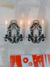 Load image into Gallery viewer, Gorgeous Pair Decorative Wrought Iron Wall Sconces Candlestick French Circa 1950
