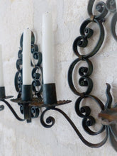 Load image into Gallery viewer, Gorgeous Pair Decorative Wrought Iron Wall Sconces Candlestick French Circa 1950