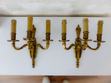 Load image into Gallery viewer, Gorgeous Antique PAIR French Bronze 1930 Wall Light Sconce Triple arms Louis XVI