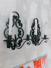 Load image into Gallery viewer, Gorgeous Pair Decorative Wrought Iron Wall Sconces Candlestick French Circa 1950