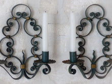 Load image into Gallery viewer, Gorgeous Pair Decorative Wrought Iron Wall Sconces Candlestick French Circa 1950