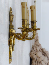 Load image into Gallery viewer, Gorgeous Antique PAIR French Bronze 1930 Wall Light Sconce Triple arms Louis XVI