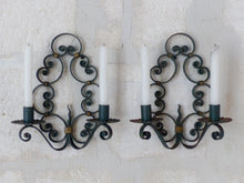 Load image into Gallery viewer, Gorgeous Pair Decorative Wrought Iron Wall Sconces Candlestick French Circa 1950