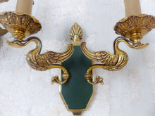 Load image into Gallery viewer, Vintage PAIR French Empire Wall Light Sconce RARE 2 Light Swans Bronze 1950