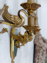 Load image into Gallery viewer, Vintage PAIR French Empire Wall Light Sconce RARE 2 Light Swans Bronze 1950