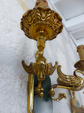 Load image into Gallery viewer, Vintage PAIR French Empire Wall Light Sconce RARE 2 Light Swans Bronze 1950