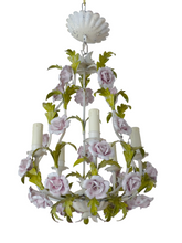 Load image into Gallery viewer, Charming Large Vintage Italian Chandelier Toleware & Porcelain Flowers Foliage 2
