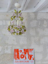Load image into Gallery viewer, Charming Large Vintage Italian Chandelier Toleware & Porcelain Flowers Foliage 2