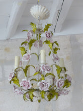 Load image into Gallery viewer, Charming Large Vintage Italian Chandelier Toleware & Porcelain Flowers Foliage 2