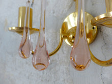 Load image into Gallery viewer, RARE Vintage Waterfall Pair Wall Light Pink Glass Drops 1970 MURANO Brass VENINI