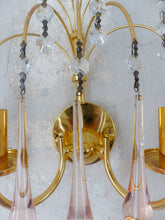 Load image into Gallery viewer, RARE Vintage Waterfall Pair Wall Light Pink Glass Drops 1970 MURANO Brass VENINI