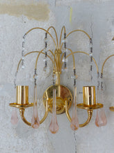 Load image into Gallery viewer, RARE Vintage Waterfall Pair Wall Light Pink Glass Drops 1970 MURANO Brass VENINI