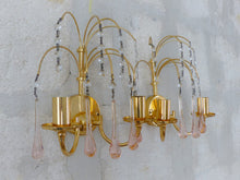 Load image into Gallery viewer, RARE Vintage Waterfall Pair Wall Light Pink Glass Drops 1970 MURANO Brass VENINI