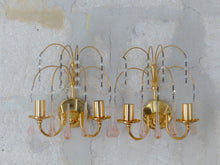 Load image into Gallery viewer, RARE Vintage Waterfall Pair Wall Light Pink Glass Drops 1970 MURANO Brass VENINI