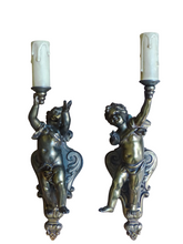 Load image into Gallery viewer, Gorgeous Vintage PAIR French Wall Light Sconce Rare 2 Cherubs Angels Bronze 1950