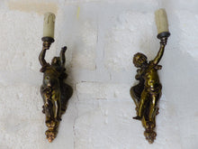 Load image into Gallery viewer, Gorgeous Vintage PAIR French Wall Light Sconce Rare 2 Cherubs Angels Bronze 1950