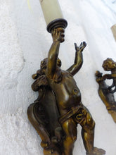 Load image into Gallery viewer, Gorgeous Vintage PAIR French Wall Light Sconce Rare 2 Cherubs Angels Bronze 1950