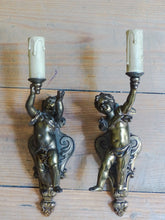 Load image into Gallery viewer, Gorgeous Vintage PAIR French Wall Light Sconce Rare 2 Cherubs Angels Bronze 1950