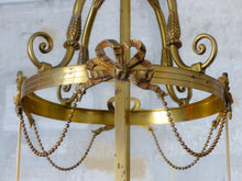 Load image into Gallery viewer, Gorgeous XL Vintage Hall Lantern Chandelier Gilded Bronze Brass Ceiling Ribbon