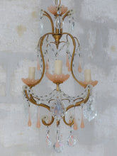 Load image into Gallery viewer, Antique 1930 Chandelier Peachy PINK Opaline Drops Cup Beads MURANO RARE 3 lights