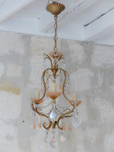 Load image into Gallery viewer, Antique 1930 Chandelier Peachy PINK Opaline Drops Cup Beads MURANO RARE 3 lights