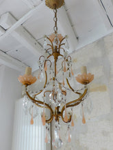 Load image into Gallery viewer, Antique 1930 Chandelier Peachy PINK Opaline Drops Cup Beads MURANO RARE 3 lights
