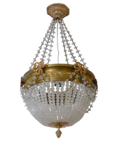 Load image into Gallery viewer, Gorgeous Antique 1920 Louis XVI Chandelier Ribbon Bronze Brass Beads Ceiling