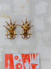 Load image into Gallery viewer, Gorgeous Vintage Pair of French Gilt Metal Ear Wheat Sconces Hollywood Regency