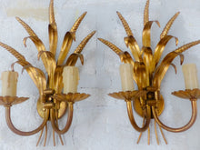 Load image into Gallery viewer, Gorgeous Vintage Pair of French Gilt Metal Ear Wheat Sconces Hollywood Regency
