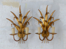 Load image into Gallery viewer, Gorgeous Vintage Pair of French Gilt Metal Ear Wheat Sconces Hollywood Regency